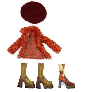2002 Bratz Xpress It Meygan Orange Furry Coat Red Beret Hat Tall Heeled Boots